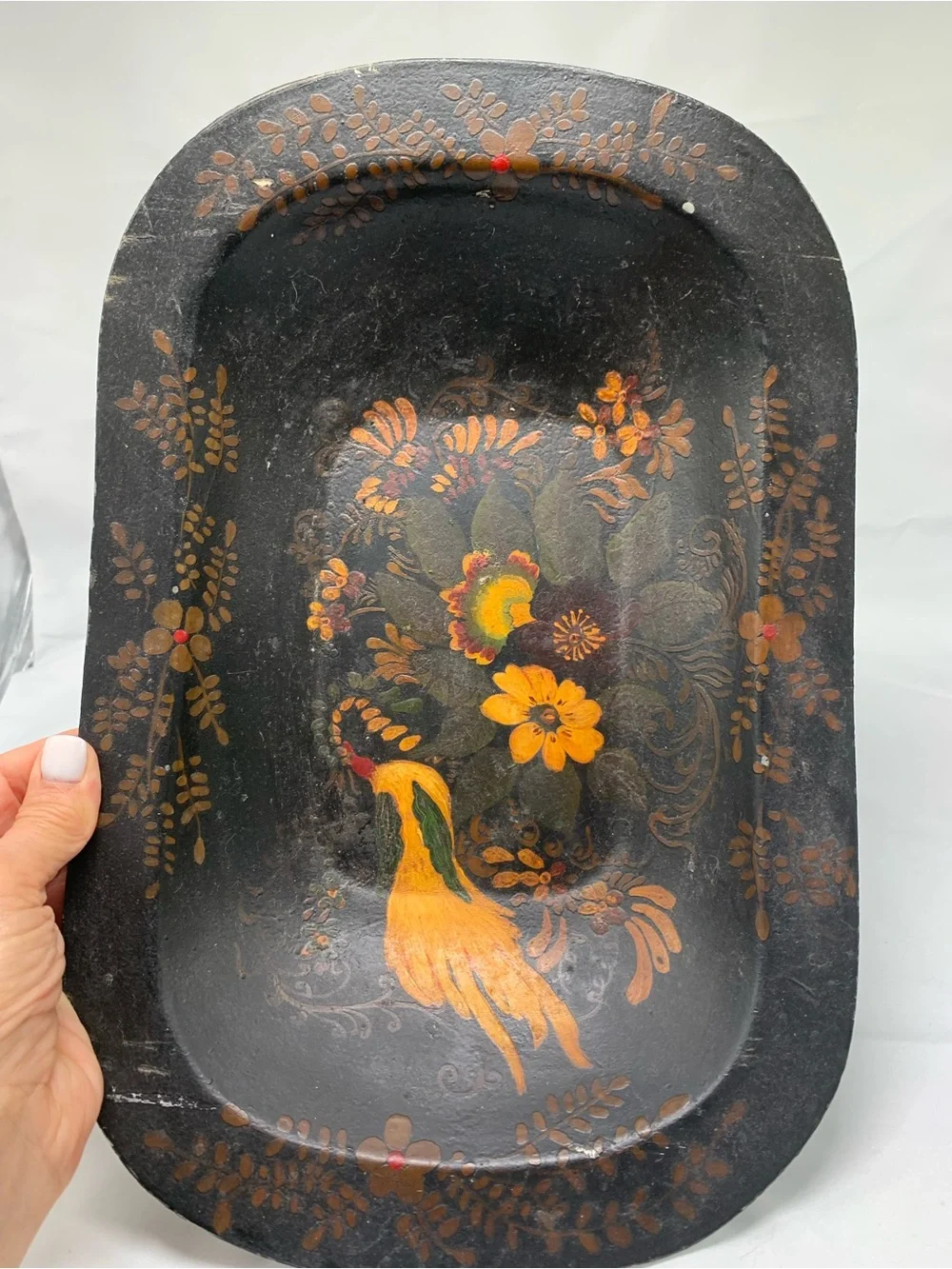 Hand-Painted Floral Black Decorative metal Tray with Yellow Accents