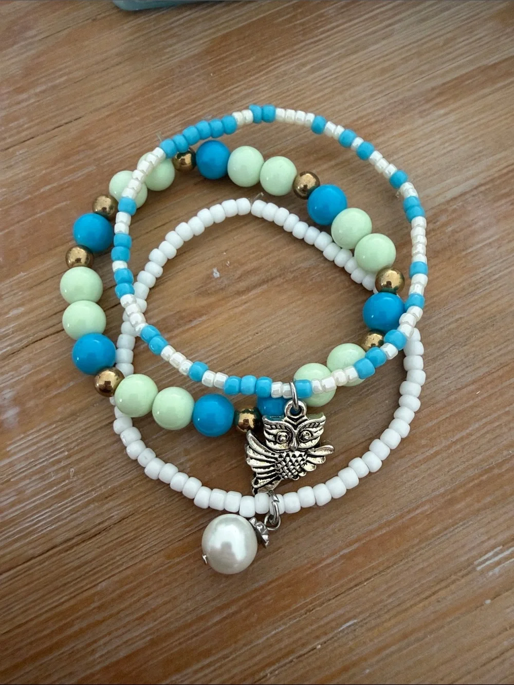 Beaded Owl Charm Bracelet Set - Turquoise, Cream & Gold
