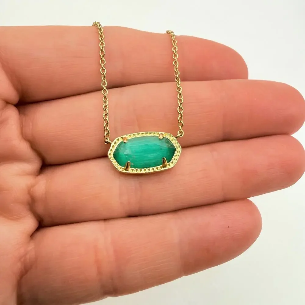 Kendra Scott Elisa Pendant Necklace Emerald Color Glass Gold Tone 15