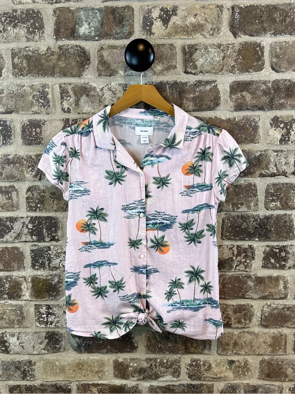 Old Navy Pink Palm-Print Tie-Front Shirt Girls XL/14