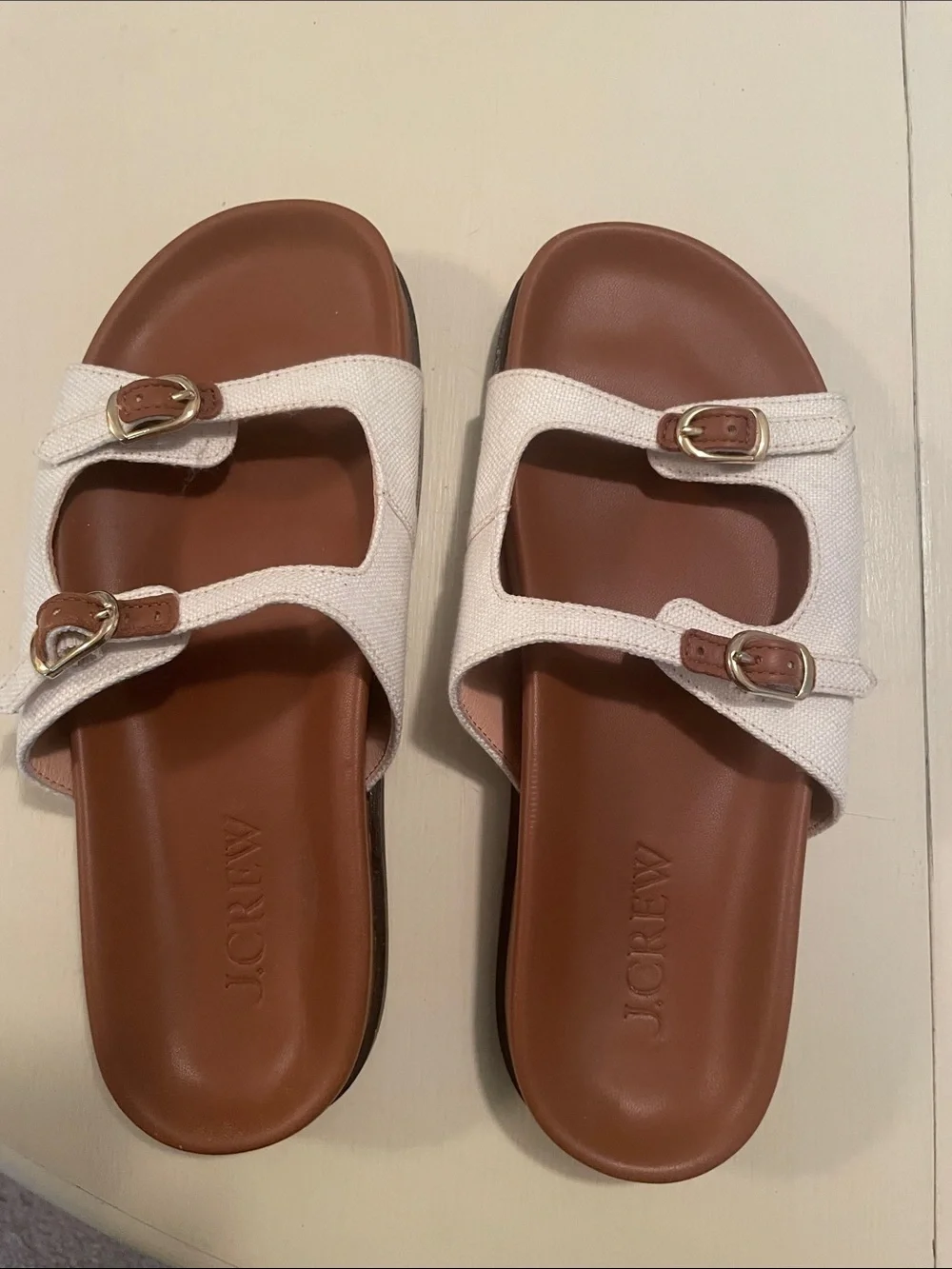 J. Crew White Canvas Double-Strap Slide Sandals with Tan Footbed