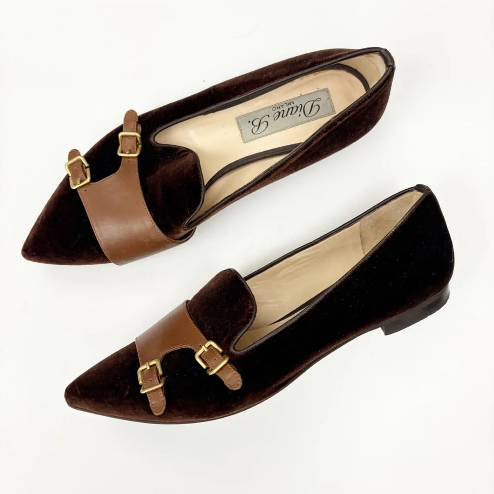 Diane B || Velvet Monkstrap Flats Point‎ Brown