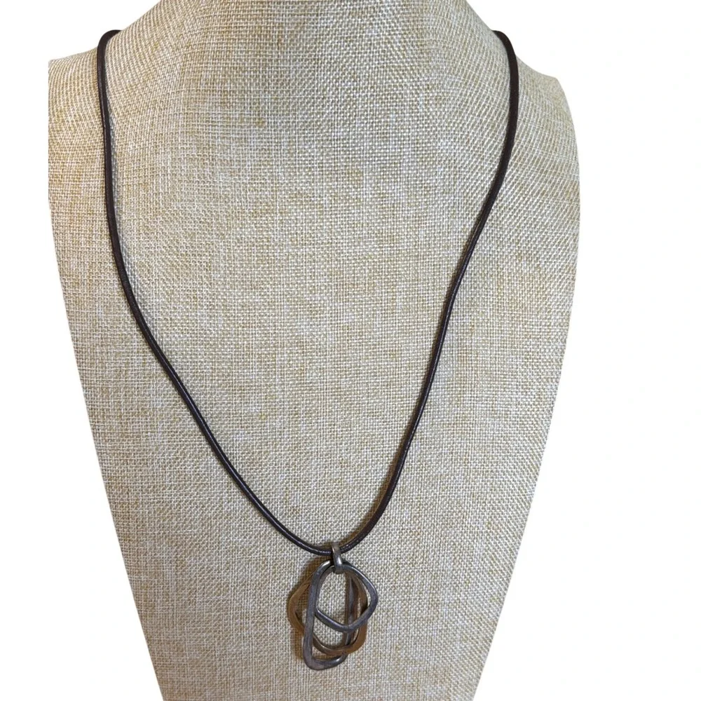 Artisan Mixed Metal Interlocking Rings Cord Necklace Silver‎ Brass Tone Boho