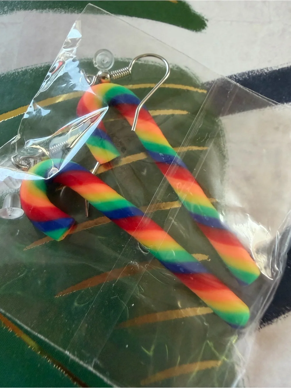 Rainbow Candy Cane Dangle Earrings Holiday Christmas Clay Lightweight