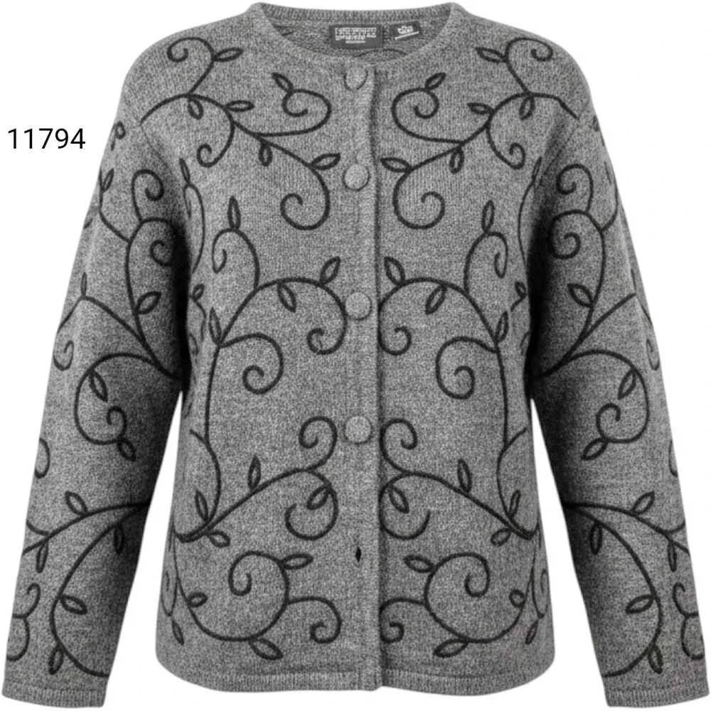 Embroidered Wool Rebecca Malone Cardigan Womens Petite M Gray Floral