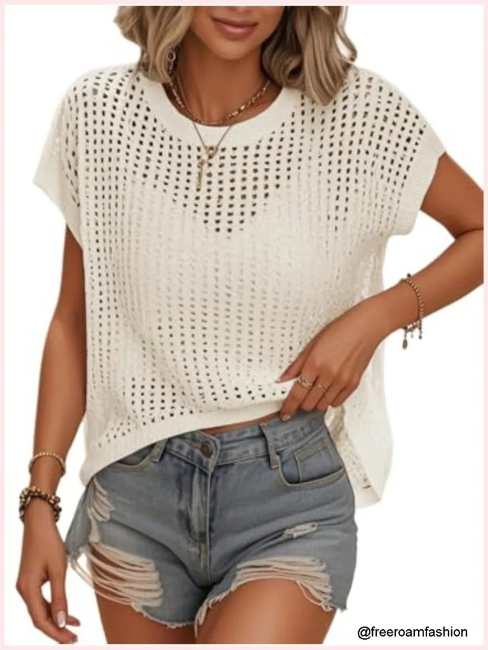 Crochet Cover Up Tank Top Hollow Out Cap Sleeve Sweater Vest