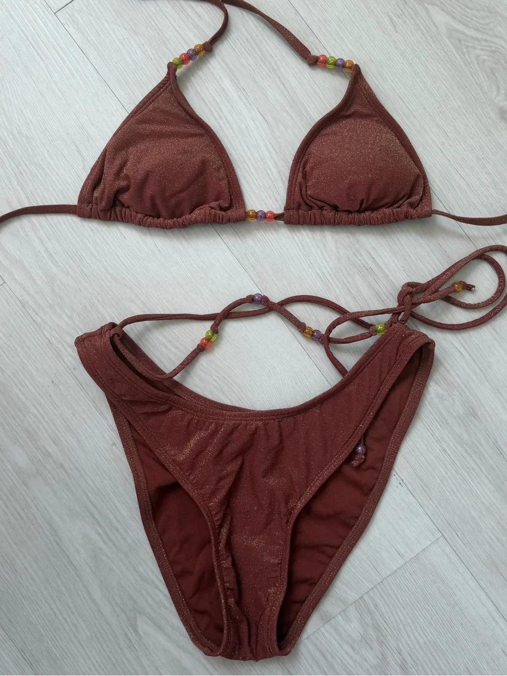 Wild Fable Brown Shimmer Beaded Triangle Bikini Set | XS/S