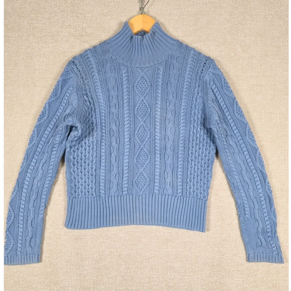 Brooks Brothers Sweater Womens Large Blue Cable Knit 100% Mercerized Cotton Sz L