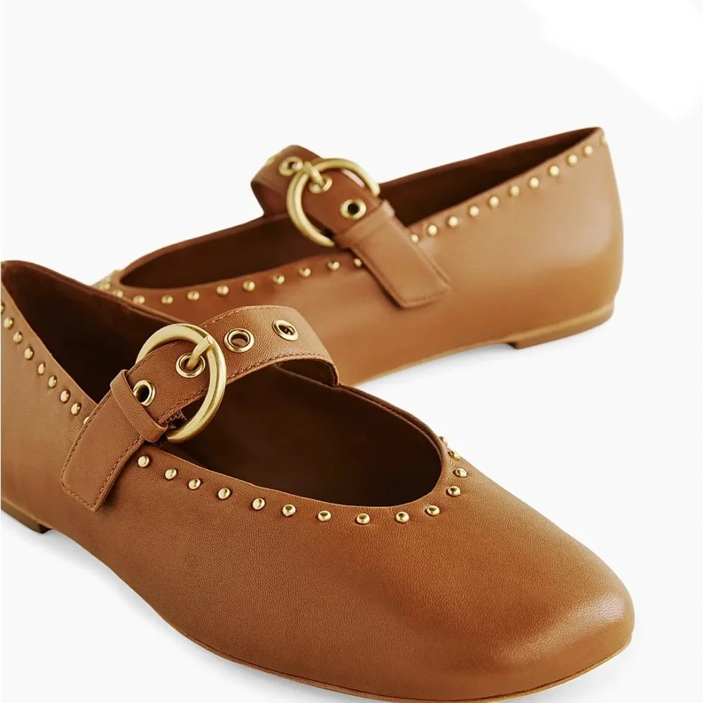 Reformation  Bethany Stud-Detailed Leather Ballet Flats RumLeather Studs New
