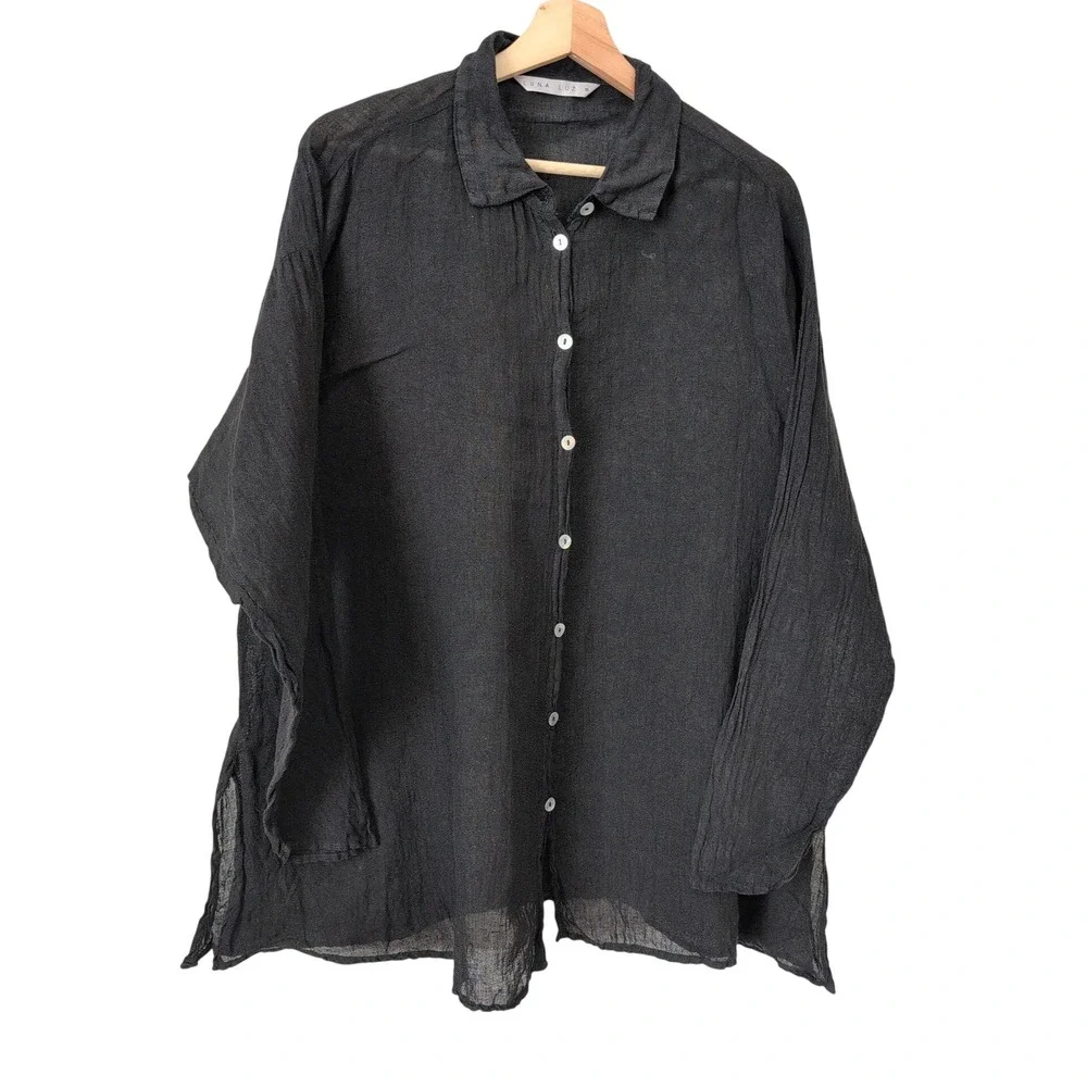 Luna‎ Luz Black Linen Button Down Shirt Women Size Small Long Sleeve Lagenlook