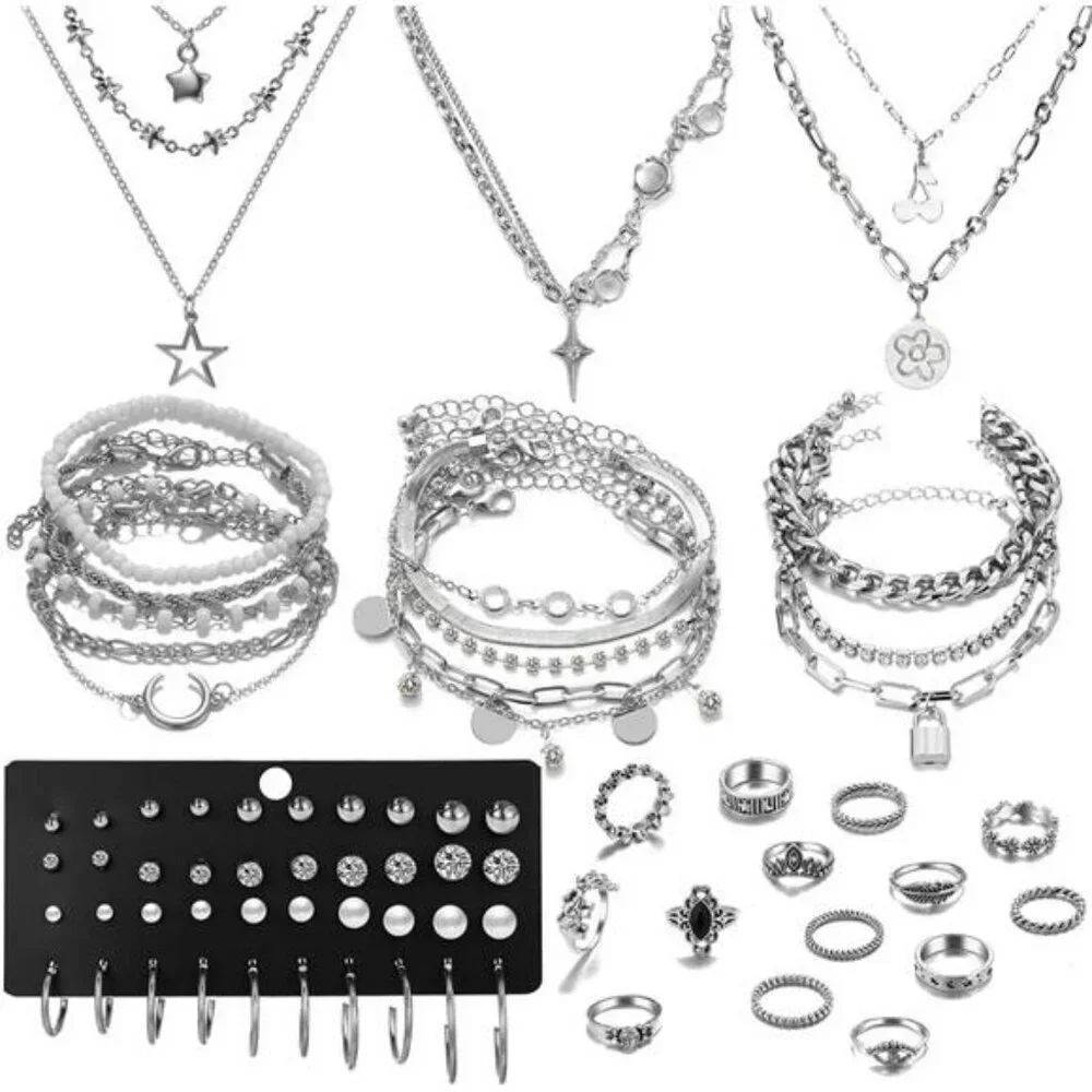 37pcs silver jewelry set necklaces bracelets hoop earrings rings cuffs for women