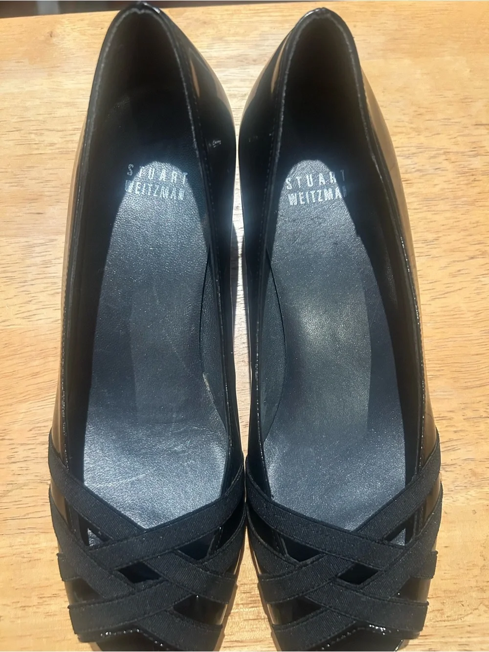 Stuart Weitzman Black Patent Leather Women's Crisscross Peep-Toe Pumps