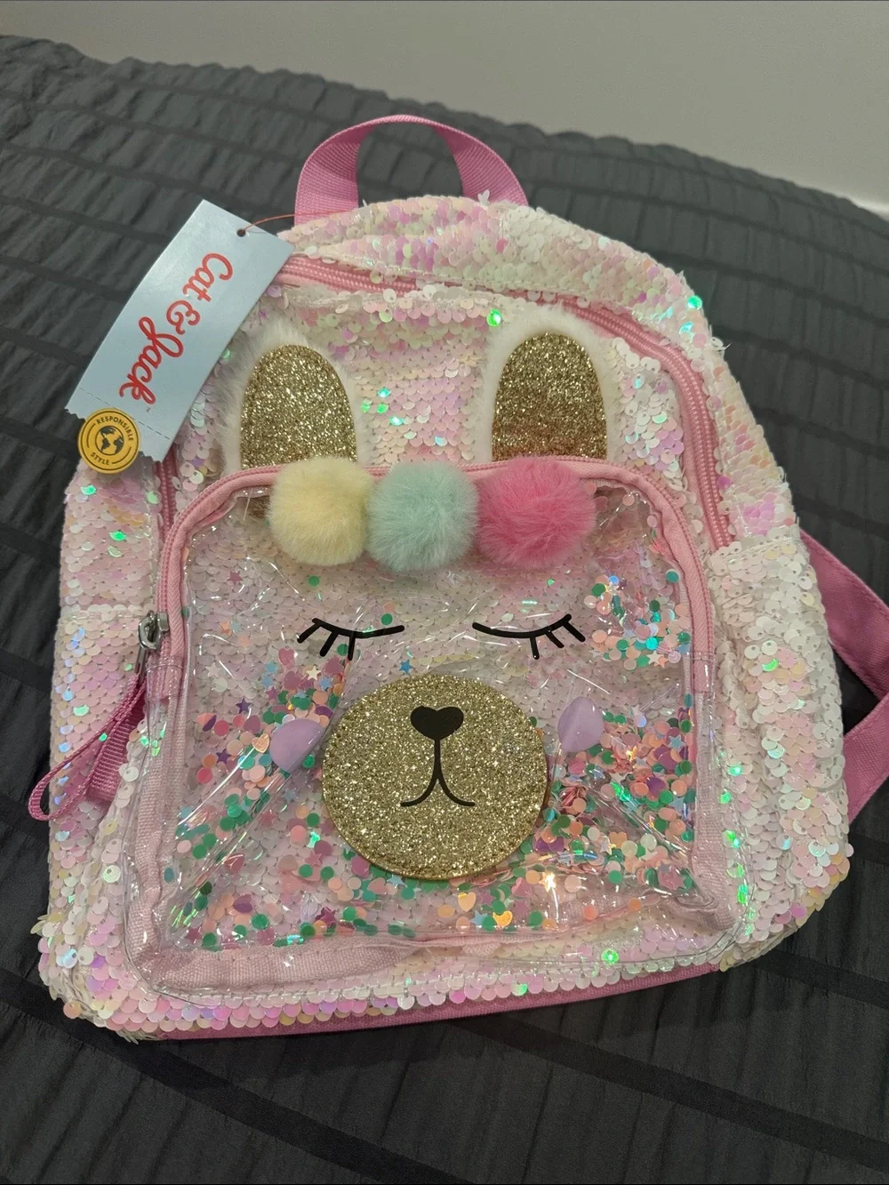 Cute & Sparkly Pink Sequin Kids Backpack with Pom Poms