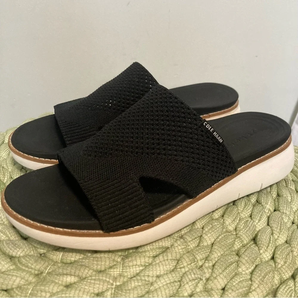 Cole Haan Zerogrand Global Stitchlite Slip On Sandal BLACK Knit/Pecan Leather