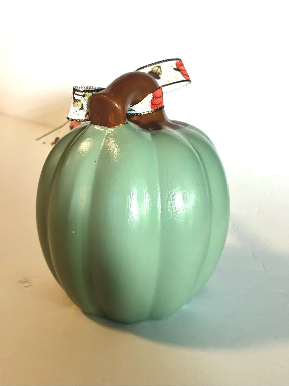 Green Ceramic Pumpkin Decor with Fall Bow
