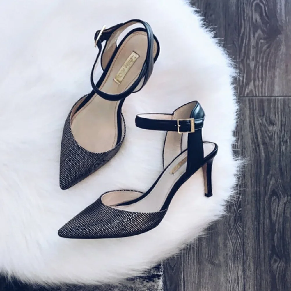 Louise et Cie Black & Gold Ankle Strap Leather Point Toe Heels‎