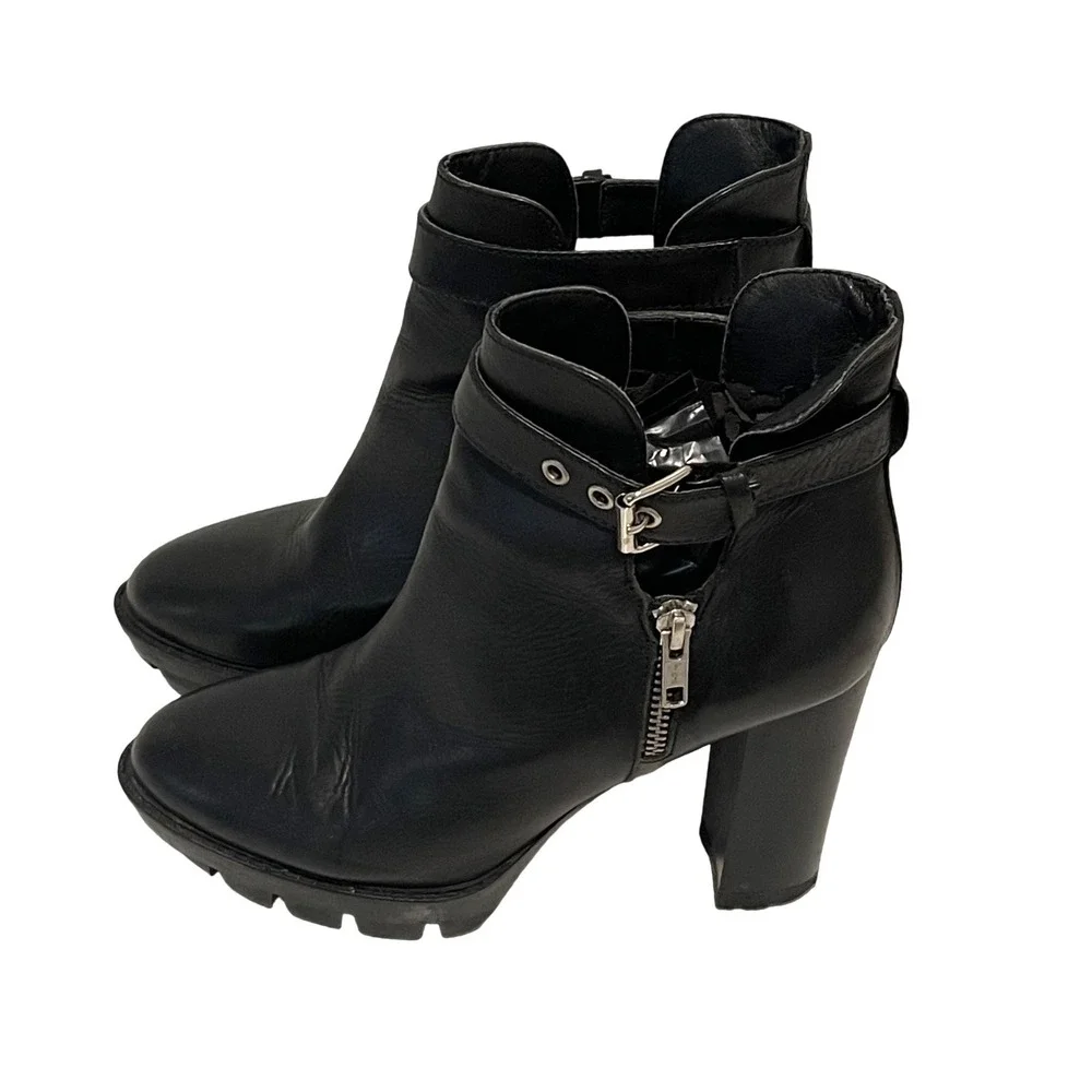 Unbranded Leather Ankle Boots Womens 38 Black Moto Lug Sole Cutout Buckle‎ Edgy