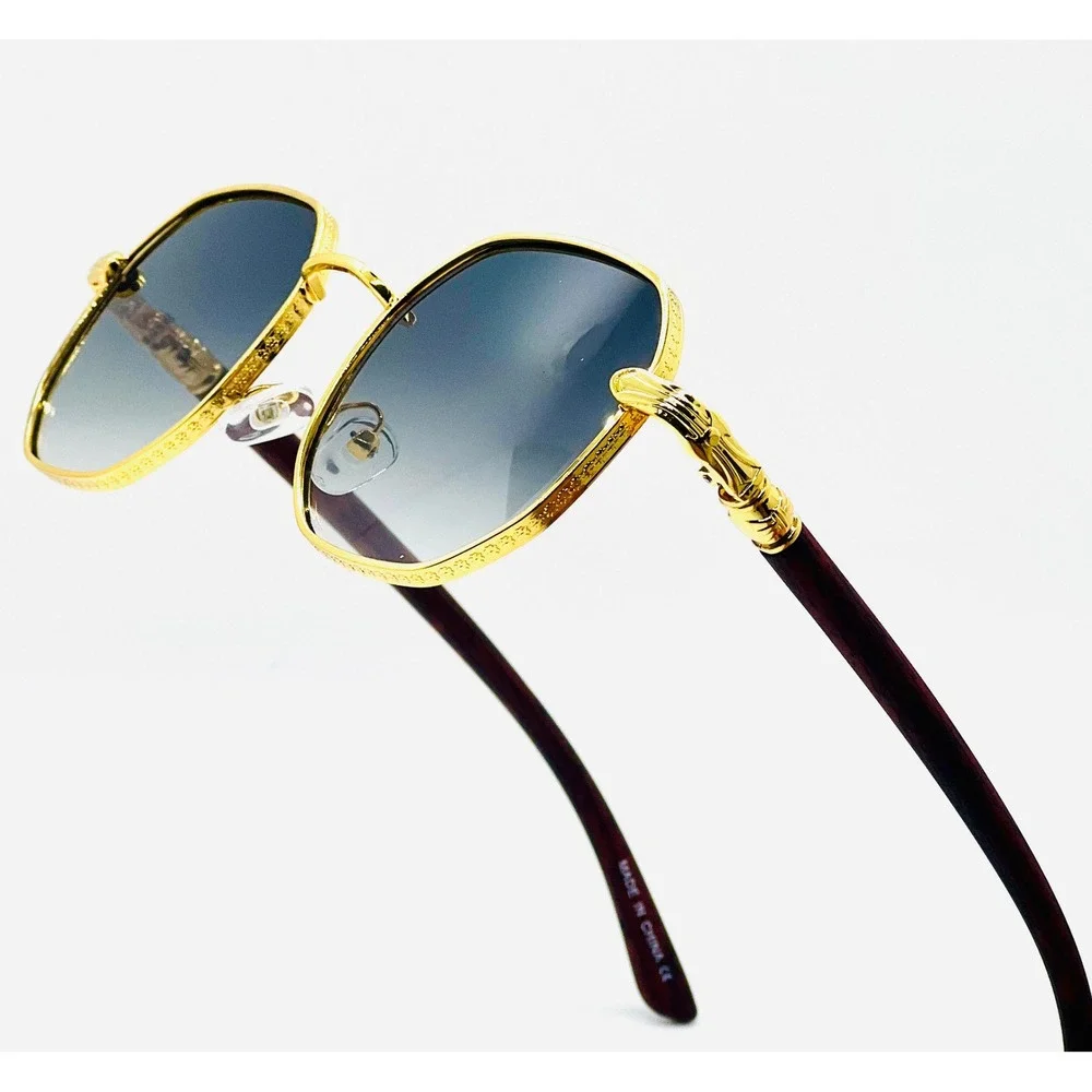 Men Sunglasses Fashion Designer Gold‎ Frame Woody Arms Octagon Black Lens Lentes