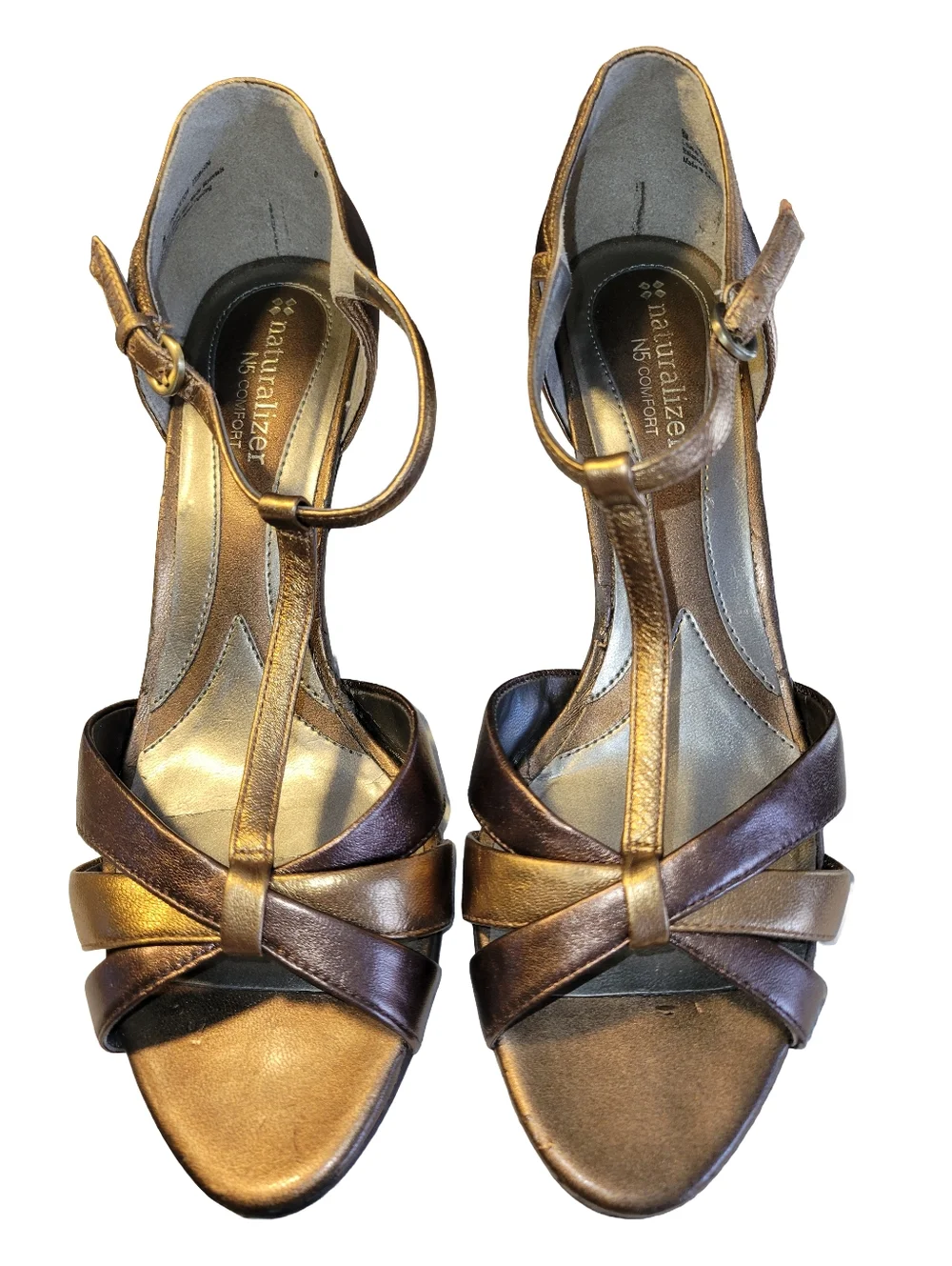 Naturalizer Princeton Copper Metallic Leather T-Strap Sandals N5 Comfort Size 8
