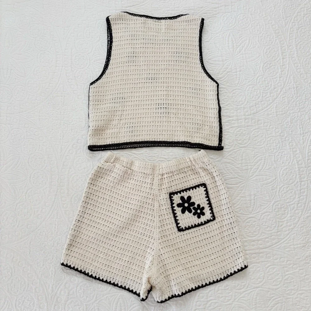 Zara Girls Crochet Floral Knit‎ Set - Tank and Shorts, Cream / Black Sz 13-14