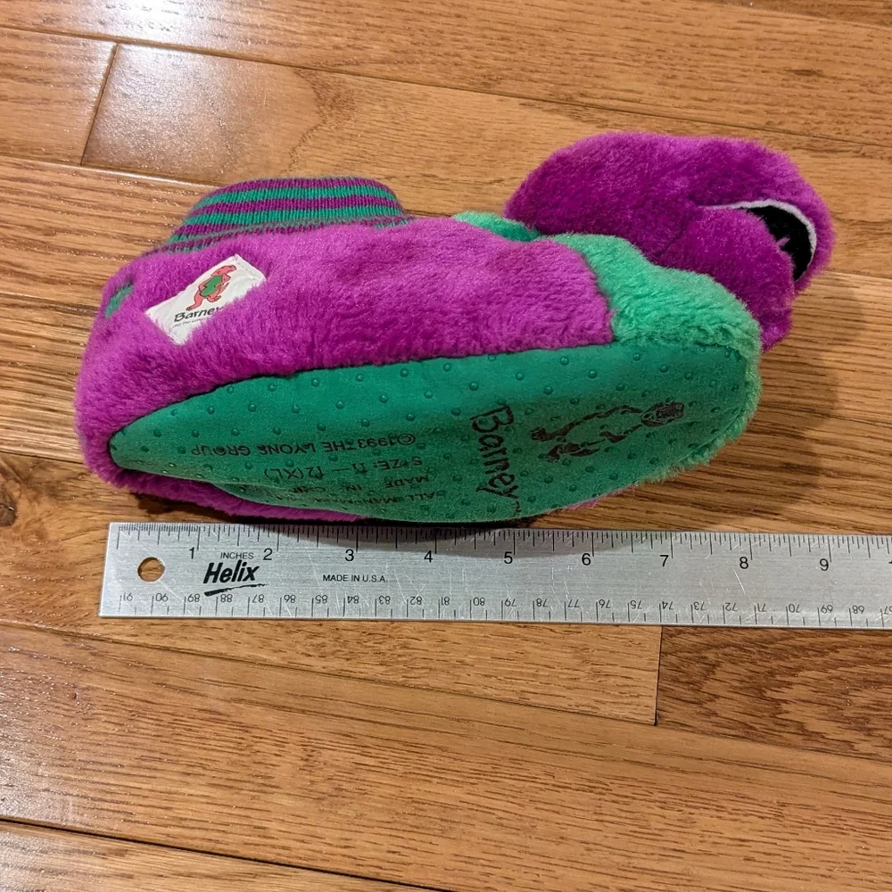 Barney The Dinosaur 1993 Purple and Green Plush Slippers  11-12 XL