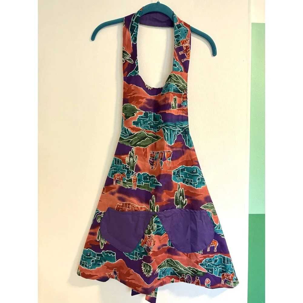 Vintage Reversible Cotton‎ Apron Southwest Desert Print with Horses Cactus Bold