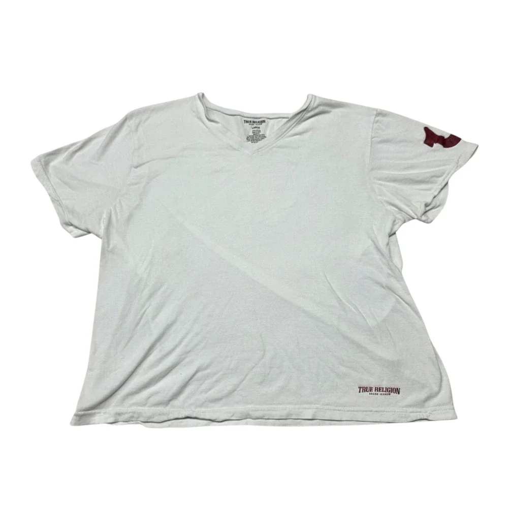 True Religion‎ V Neck T Shirt White Large Buddha Logo Graphic Tee READ