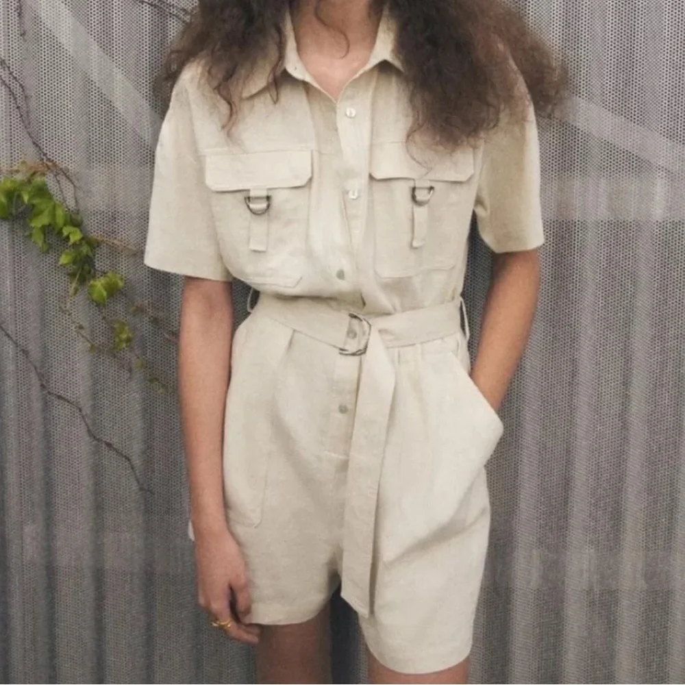 ZARA BELTED LINEN BLEND SHORT JUMPSUIT