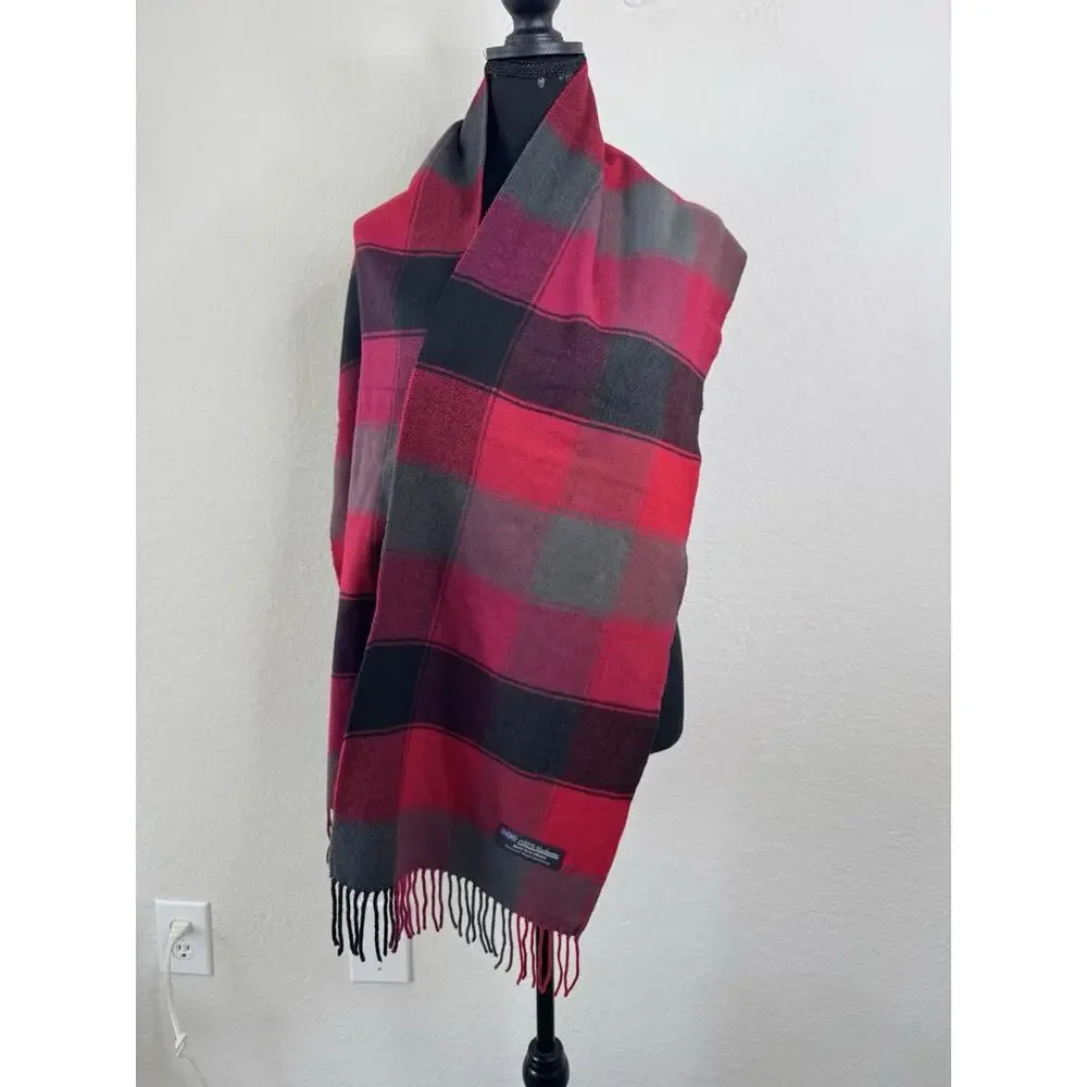 100% Cashmere Scarf Scotland Unisex Red Gray Tartan Check Fringe Soft Luxury EUC