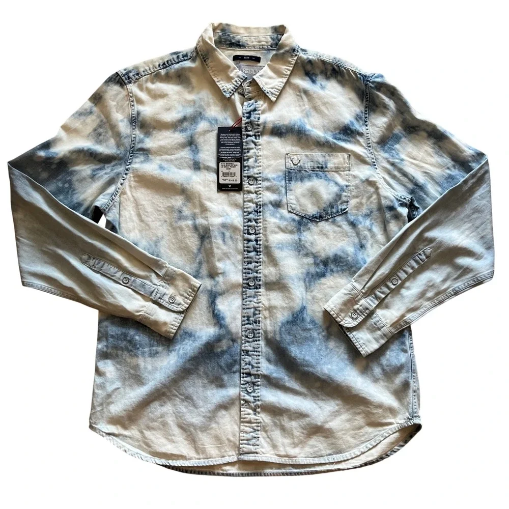 True Religion Mens Bleach Drip Wash Slim Fit LS Single Pocket Shirt MSGAAB8D7 L