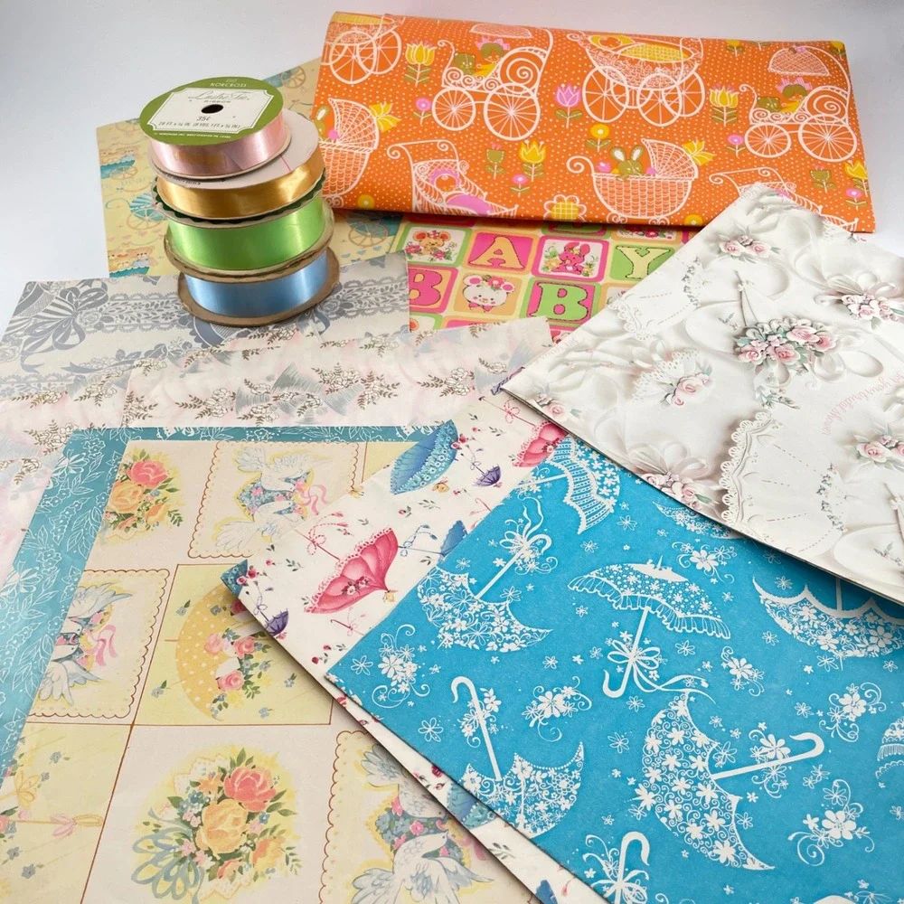 Vtg Variety Gift Wrap 4 Ribbon Lot Baby Wedding Shower Mid Century Junk Journal