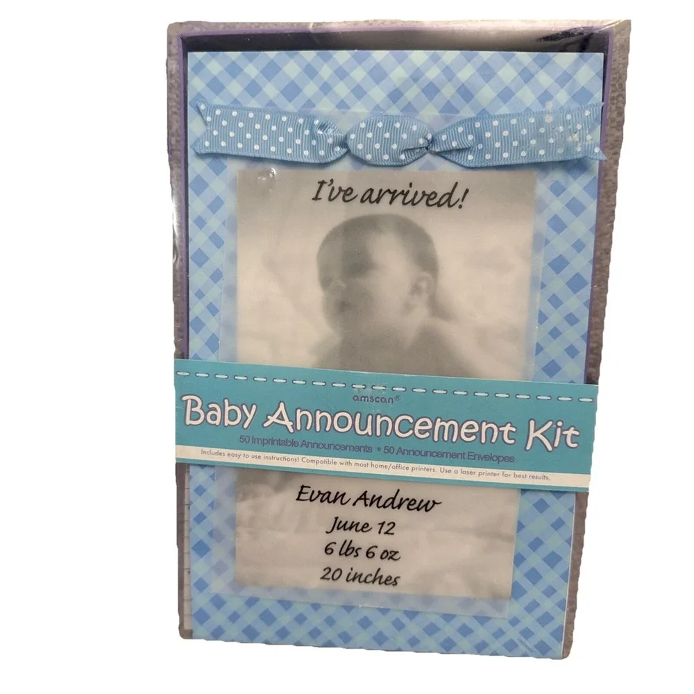 Baby Shower Gingham Argyle‎ Plaid Party Cards Birth Announcement Kit Blue NIB