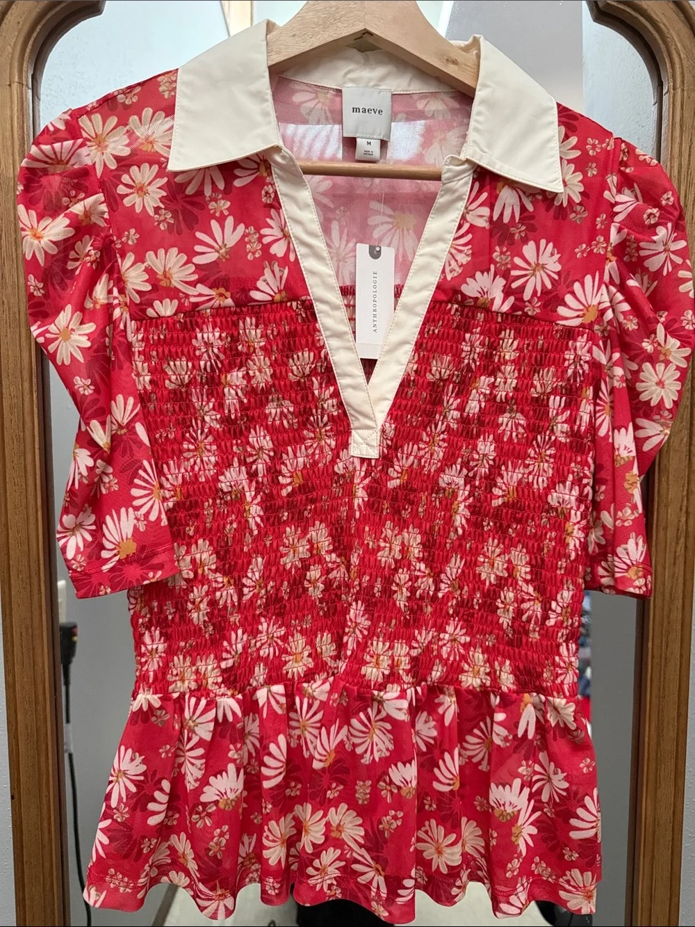 Maeve Red Floral Smocked Peplum Top with Cream Collar, NWT