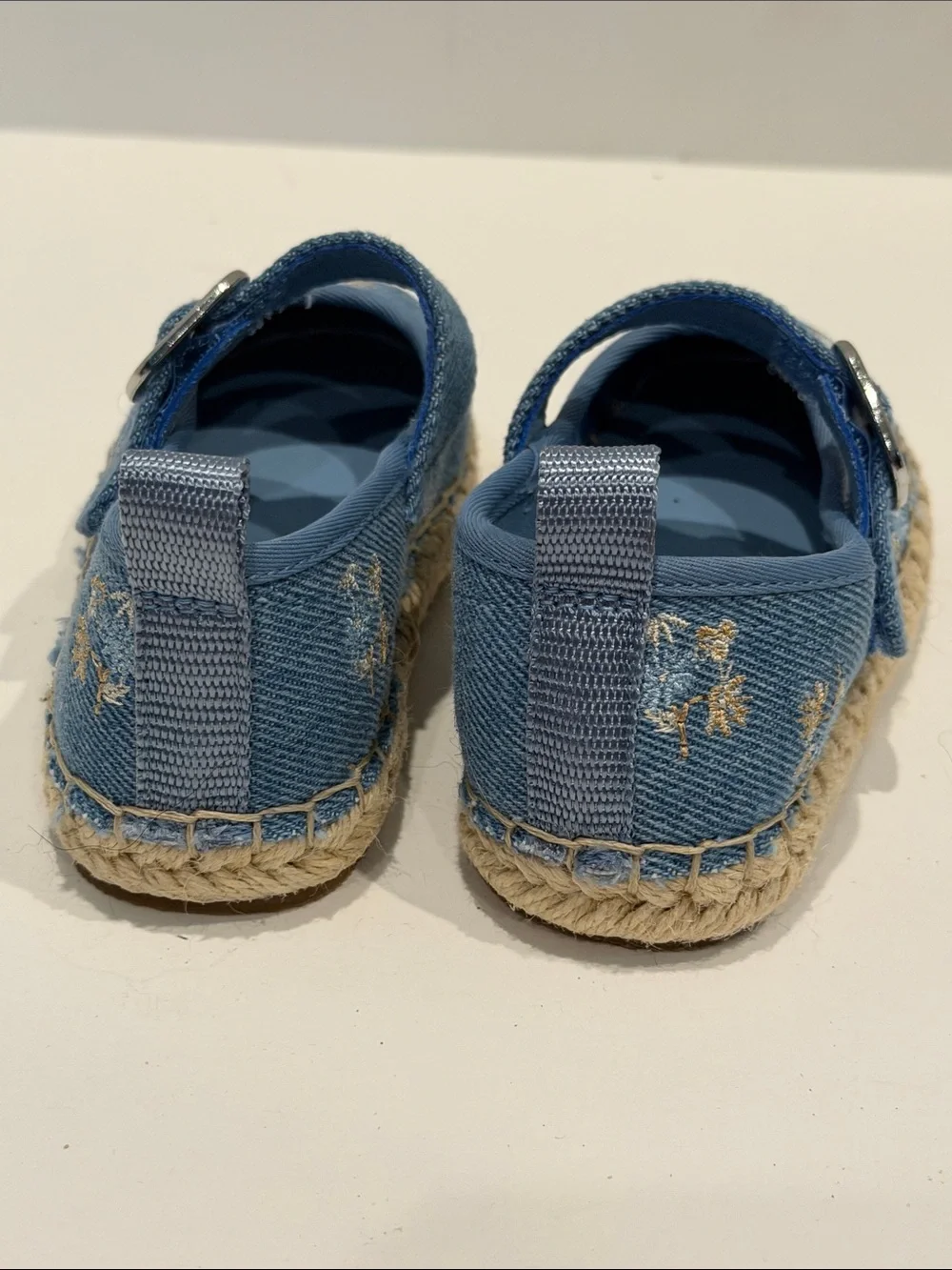 Baby Gap sz 5 Kids Blue Denim Mary Jane Espadrilles embroidered shoes summer EUC