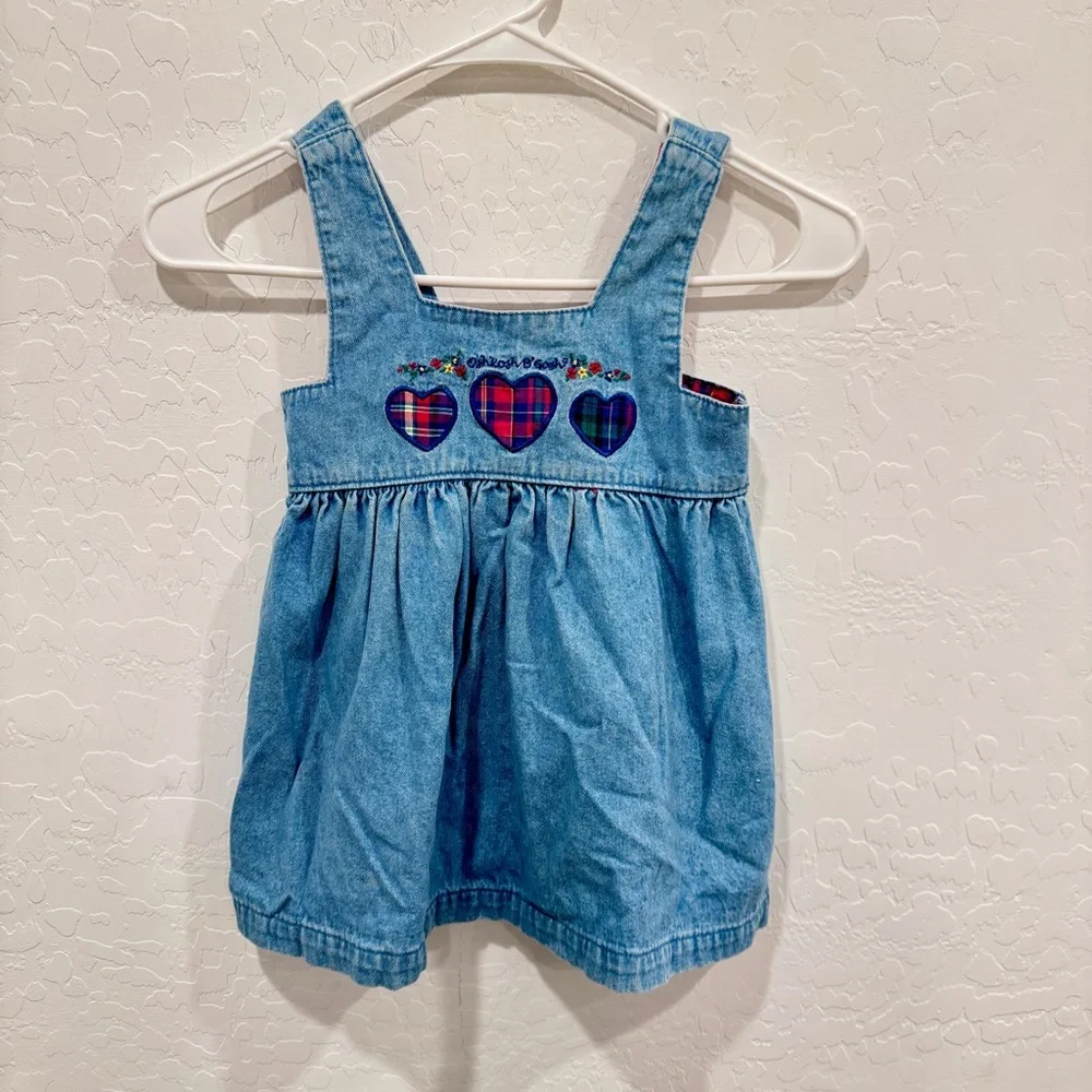 Vintage OshKosh B'gosh Blue Denim Overall Dress Gorls 3T Plaid Hearts Cotton