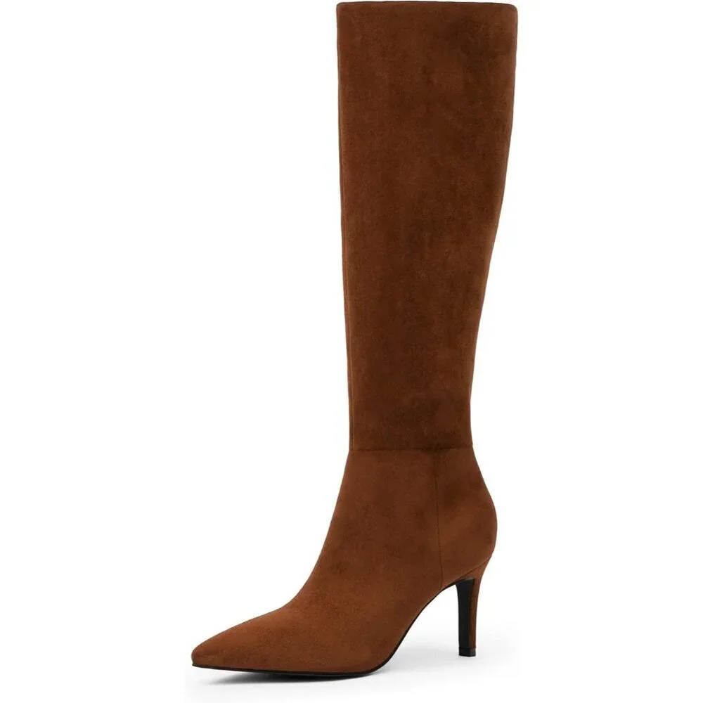 Women Brown Suede Faux Leather Pointed Toe Tall  Stiletto High Zipper Dress Boot