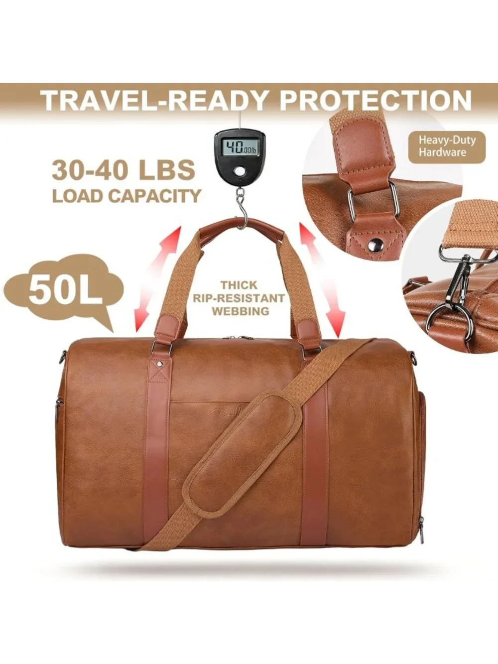 Large 3-in-1 Leather Duffle Bag - Travel Weekender Gym Overnight Carry-On with