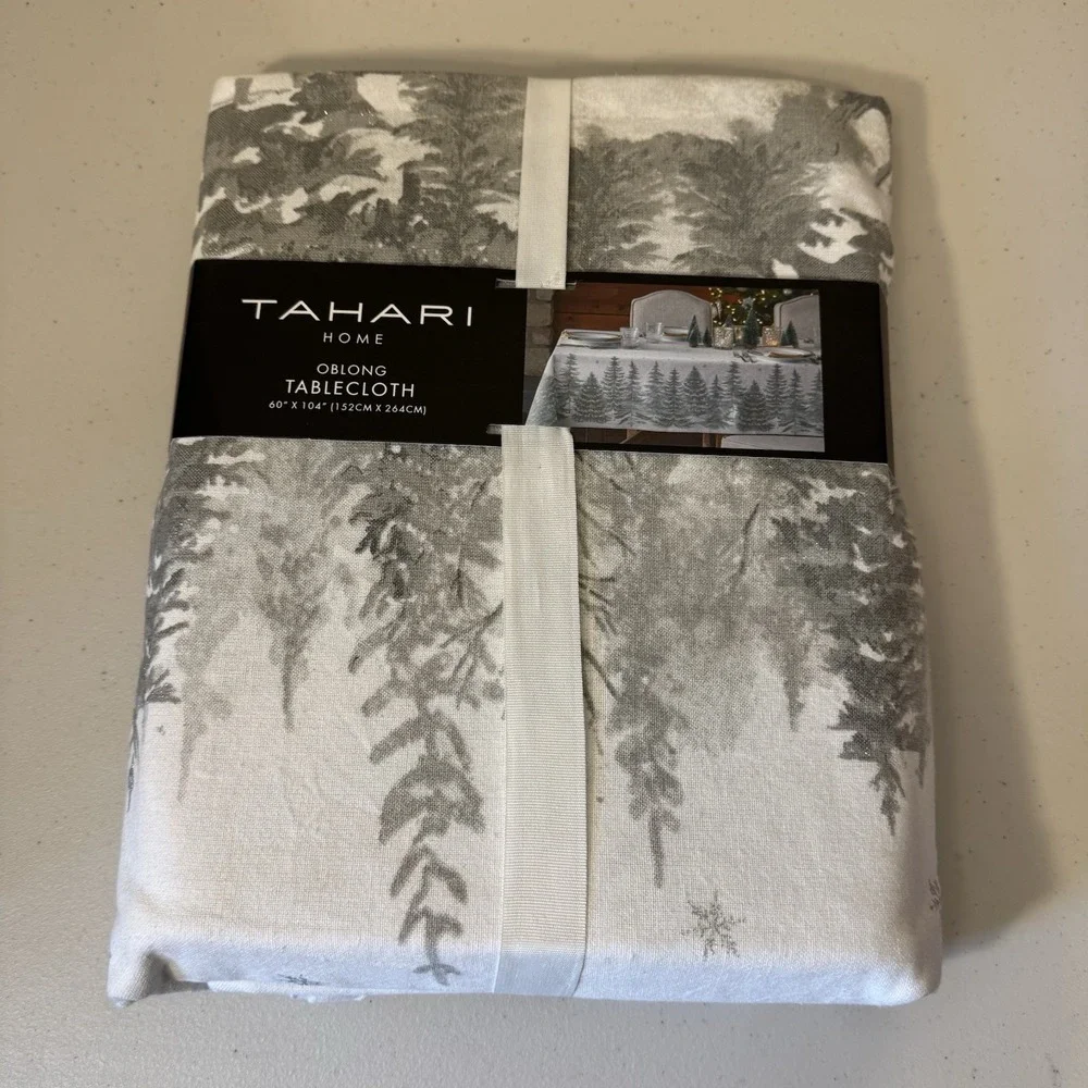 Tahari Home Tablecloth Winter Snowy Forest Tree Snowflakes‎ 60x104 Gray Silver