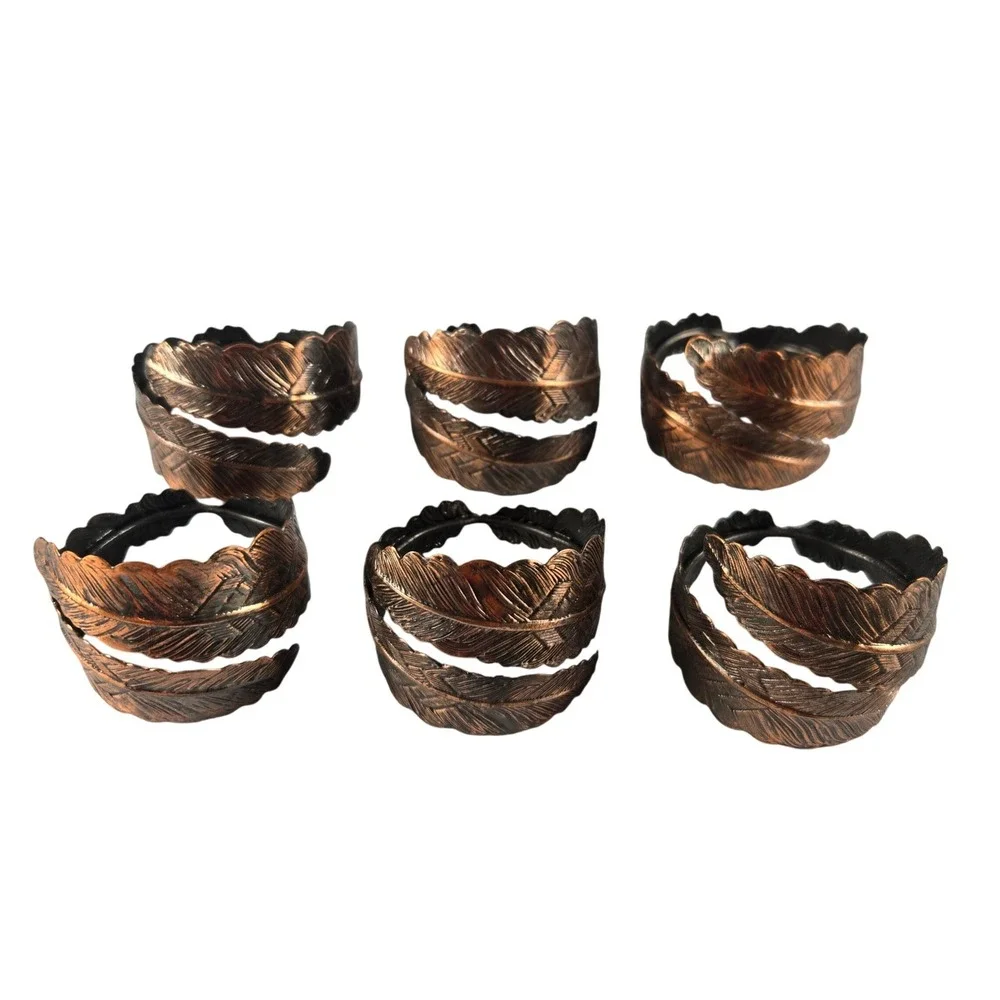 Vintage Set of 6 Copper Tone Feather Napkin Rings Metal Rustic Thanksgiving Boho