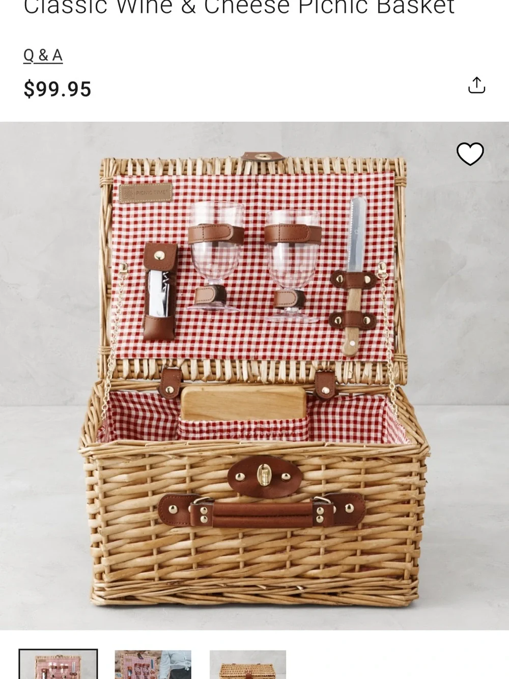 Classic Wicker Wine & Cheese Picnic Basket - Red Gingham Lining