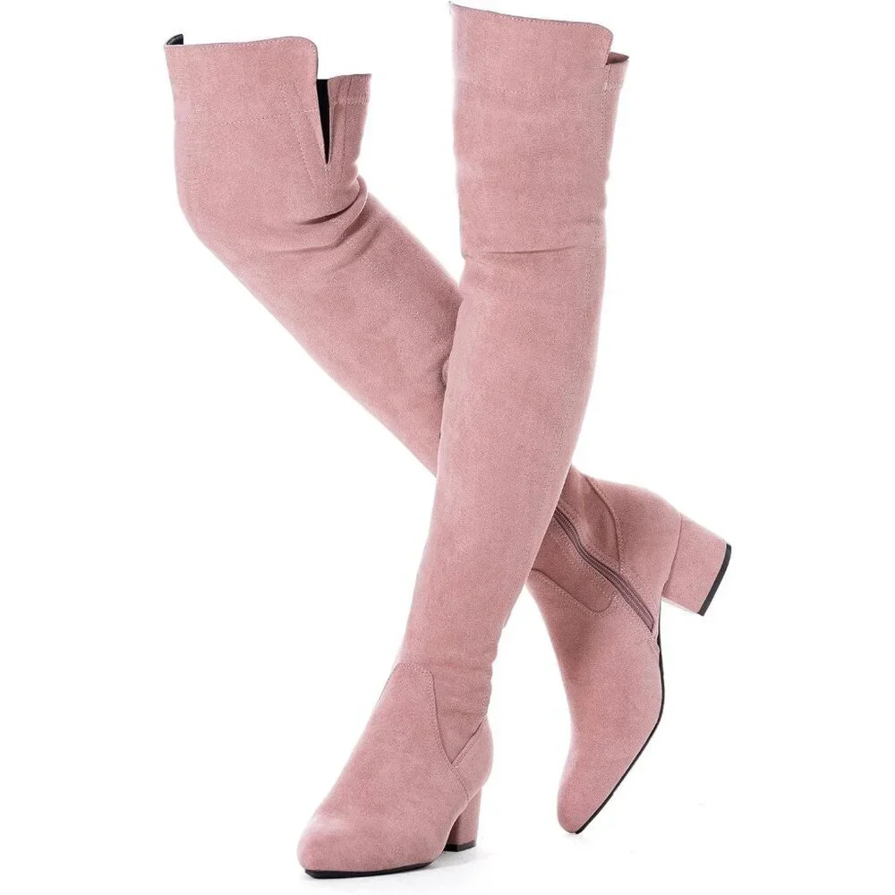 Women Pink/2 Inch Heel Faux Suede Over The Knee Thigh High Low Block Heel Boot
