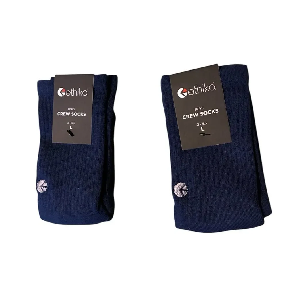 Ethika Boys' Navy Crew Socks - Pack of 2 size boys Large, 2-5.5 new