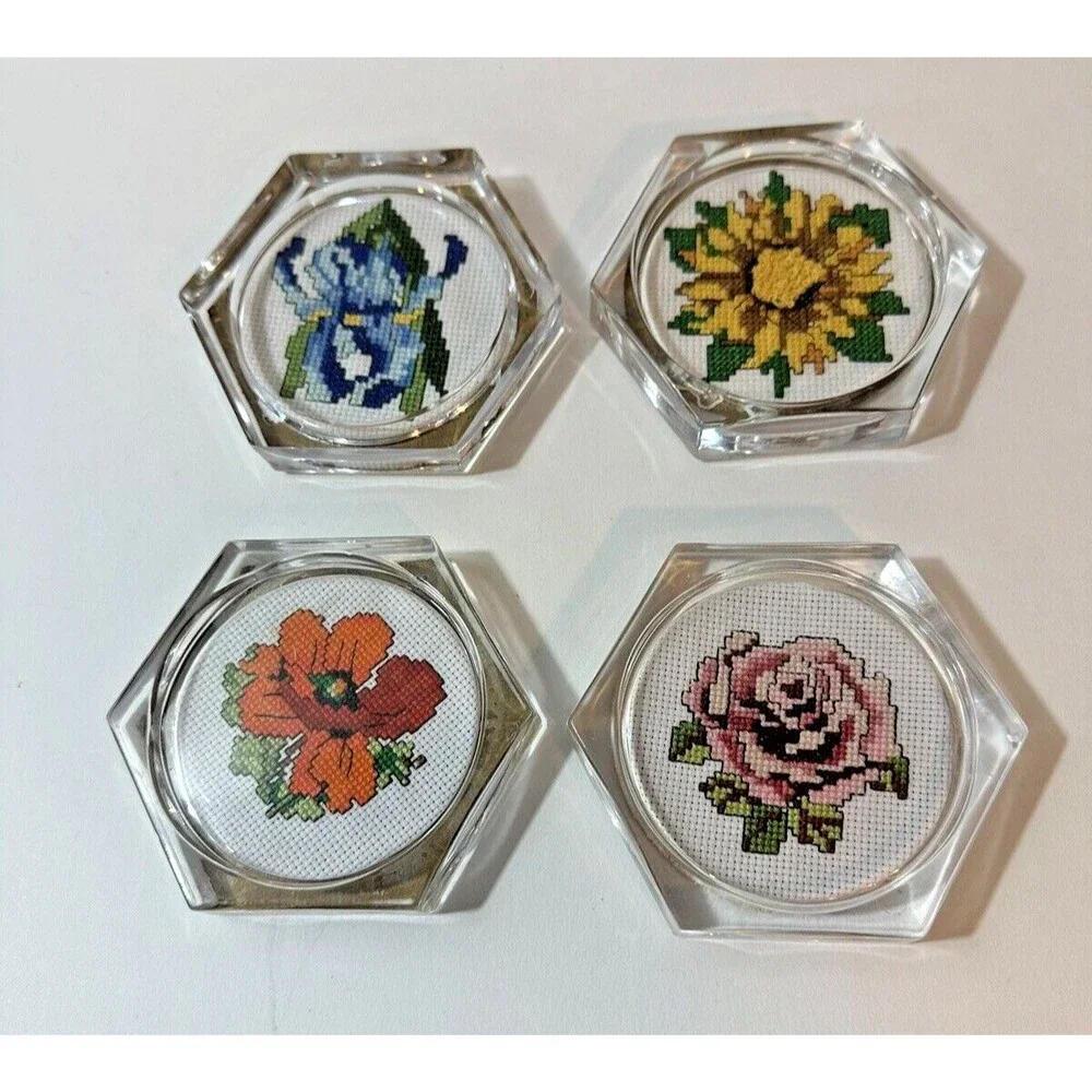 Fun Handmade Needlepoint Acrylic Coasters Set of 4 Stackable Flowers