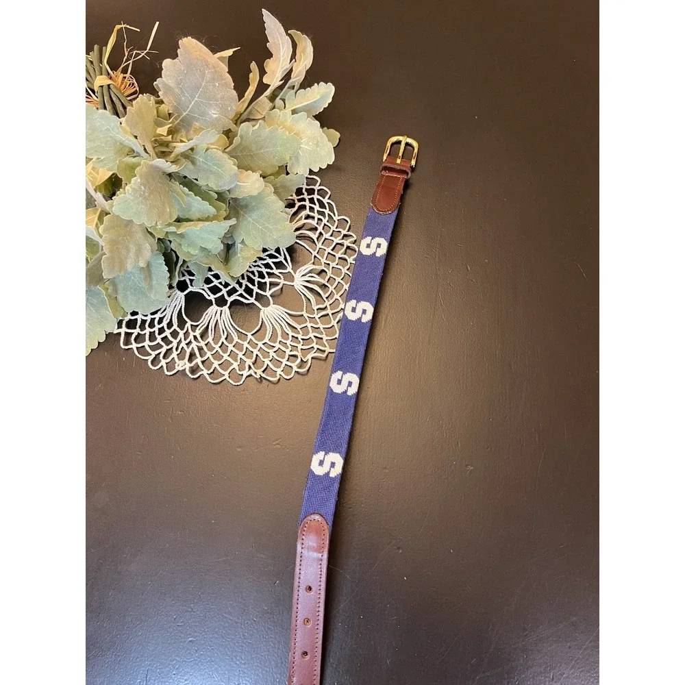 Preppy Brown Leather Blue White Needlepoint Block S Youth Belt XS