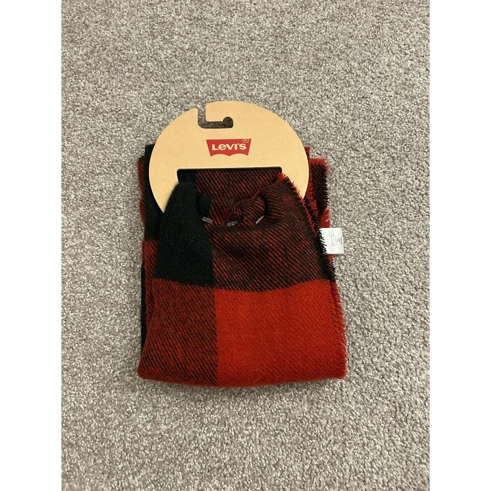 Levis Buffalo Plaid Scarf Unisex OS Red Black NEW 45LV06BS02 Checkered Acrylic