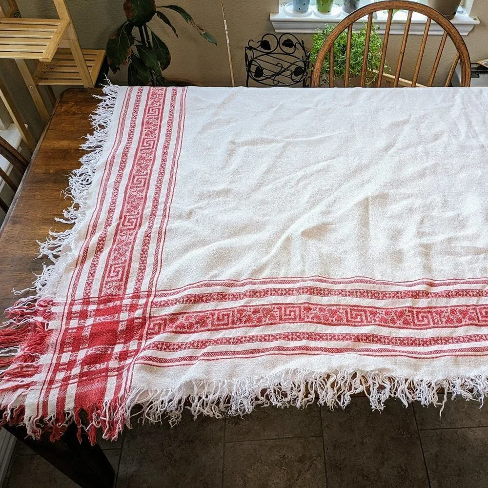 White & Red Linen Fringe Vintage Tablecloth