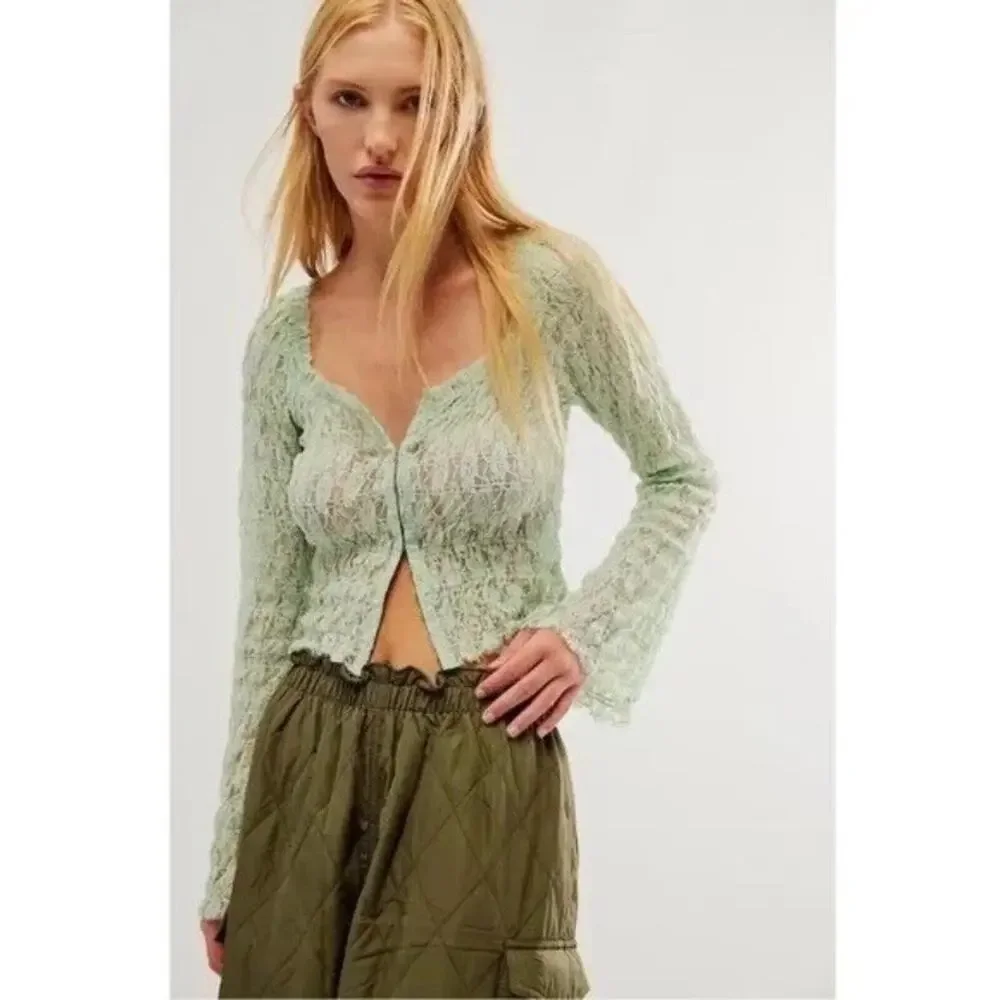 Free People Mint Green Lace Sheer Long Sleeve Cropped Bodice Top Women's size XS