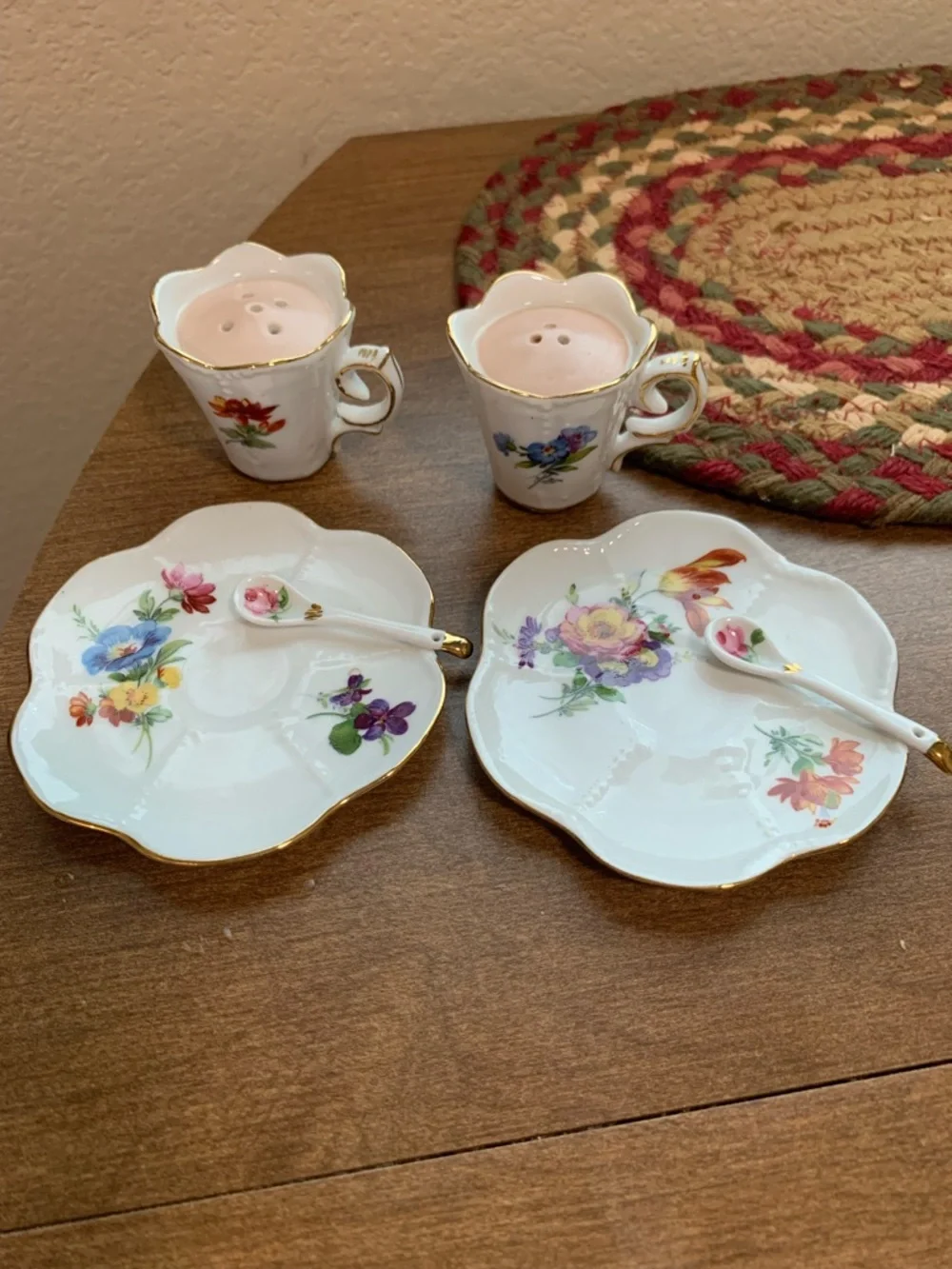 Porcelain Floral Dessert Plate & Spoon Set with Gold Trim -