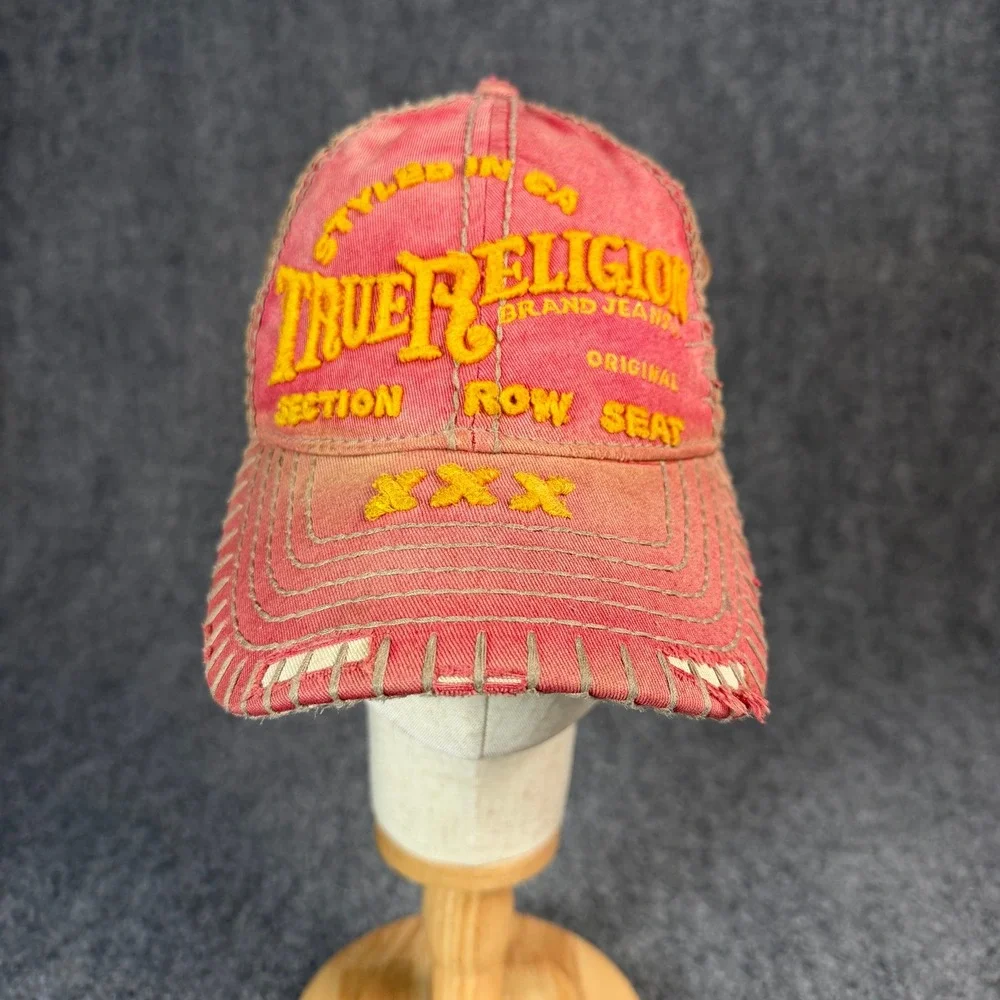 True Religion Brand Jeans Distressed Baseball Cap Red Brown Embroidered Hat OSFA
