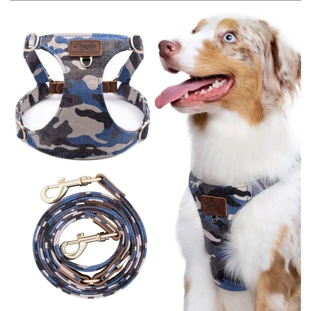 Blue Camo Canvass Dog Harness And Matching Leash By‎ Puppies Medium